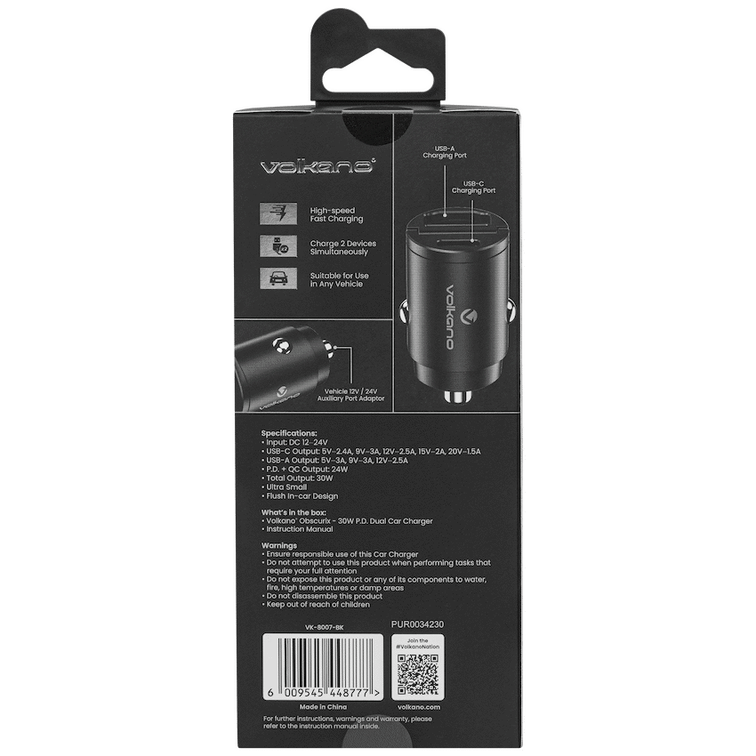 VK-8007-BK 30w P.D Dual Ultra Small Car Charger