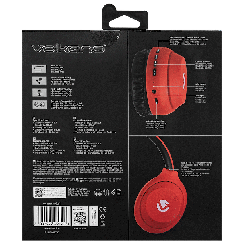 VK-2013-RD Bluetooth Red Wireless Headphones
